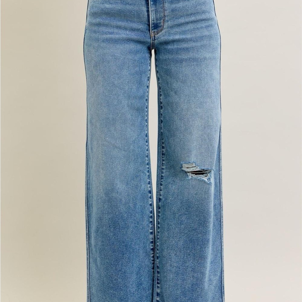 Judy Blue High Waist Vintage Wash Destroy Wide Leg Denim Jeans 8608